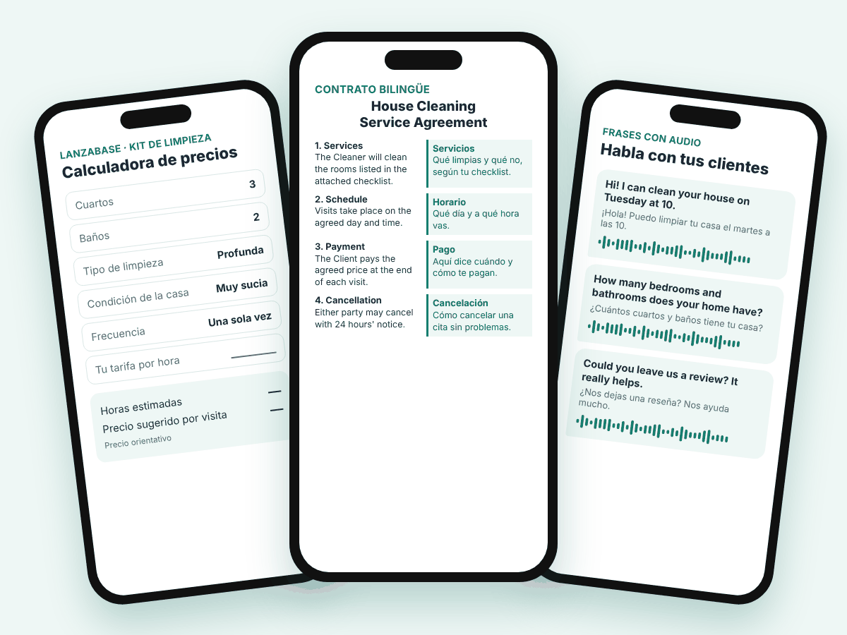 Vista previa del kit en un celular: calculadora de precios, contrato bilingüe y guiones con audio